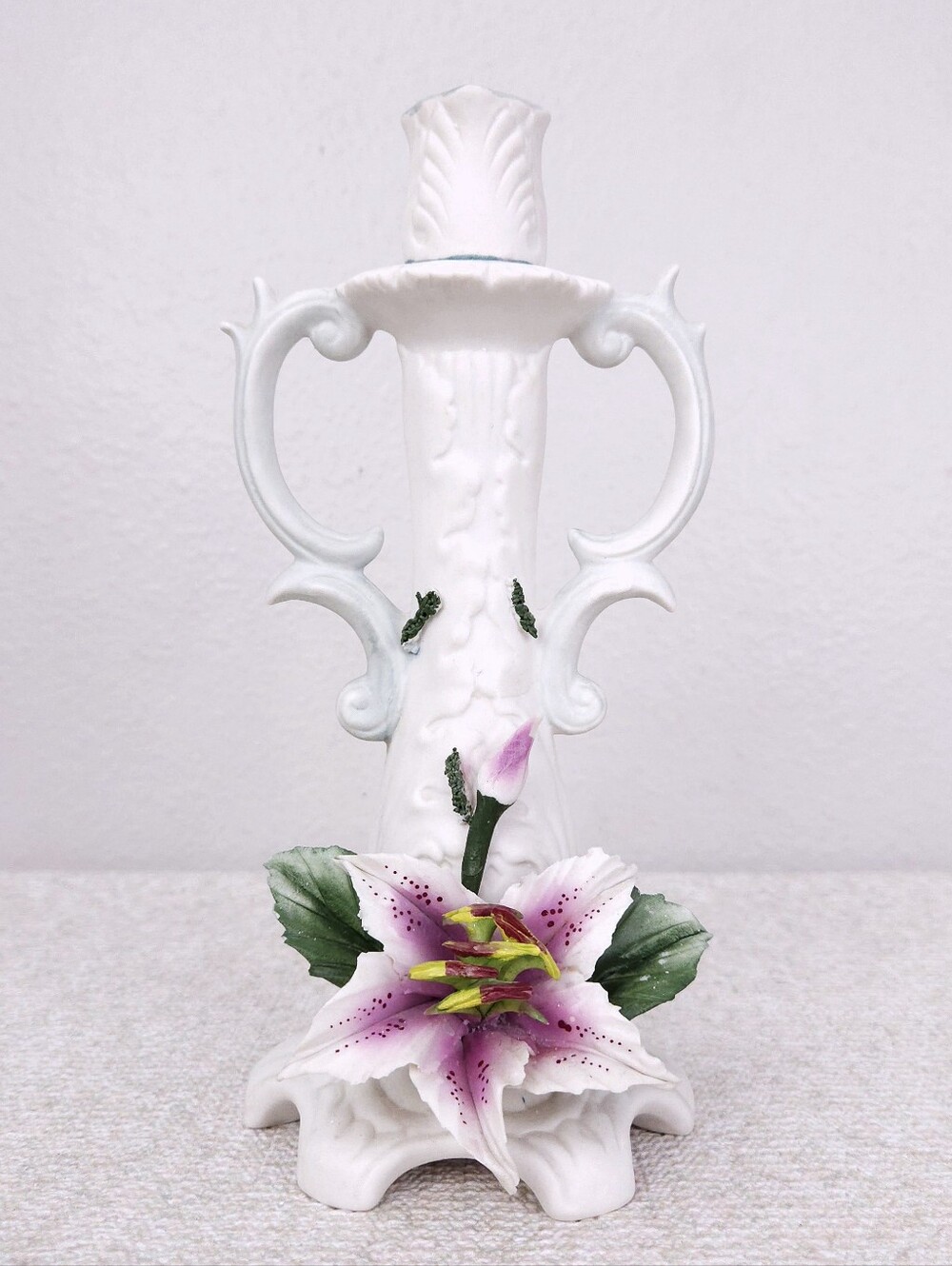 Vintage Capodimonte Porcelain Candlestick Holder Floral Stargazer Lily 10" ITALY